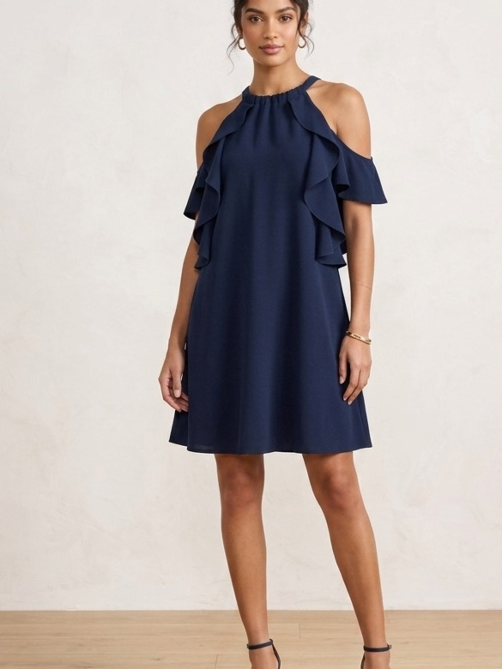 Gianni Bini Navy Halter Dress with Ruffle Detail